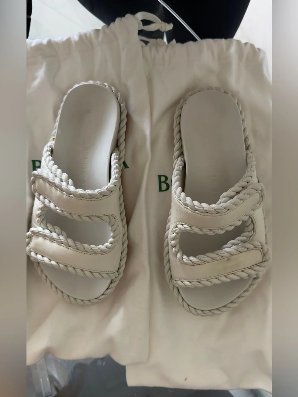 Bottega Veneta Cream Braided Leather Slide Sandals